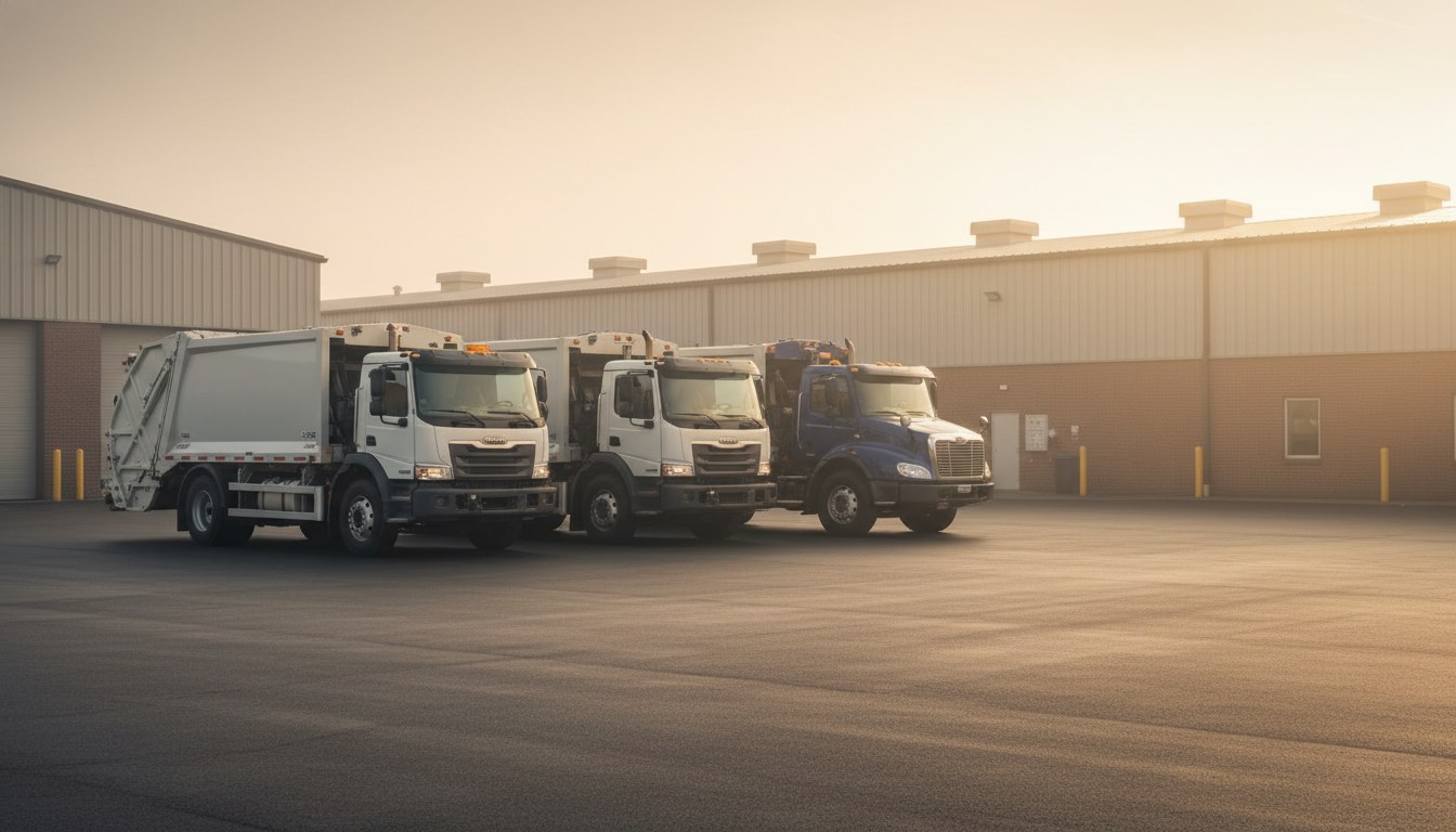 Waste collection truck depot at dawn with front-loader and rear-loader trucks parked in a row